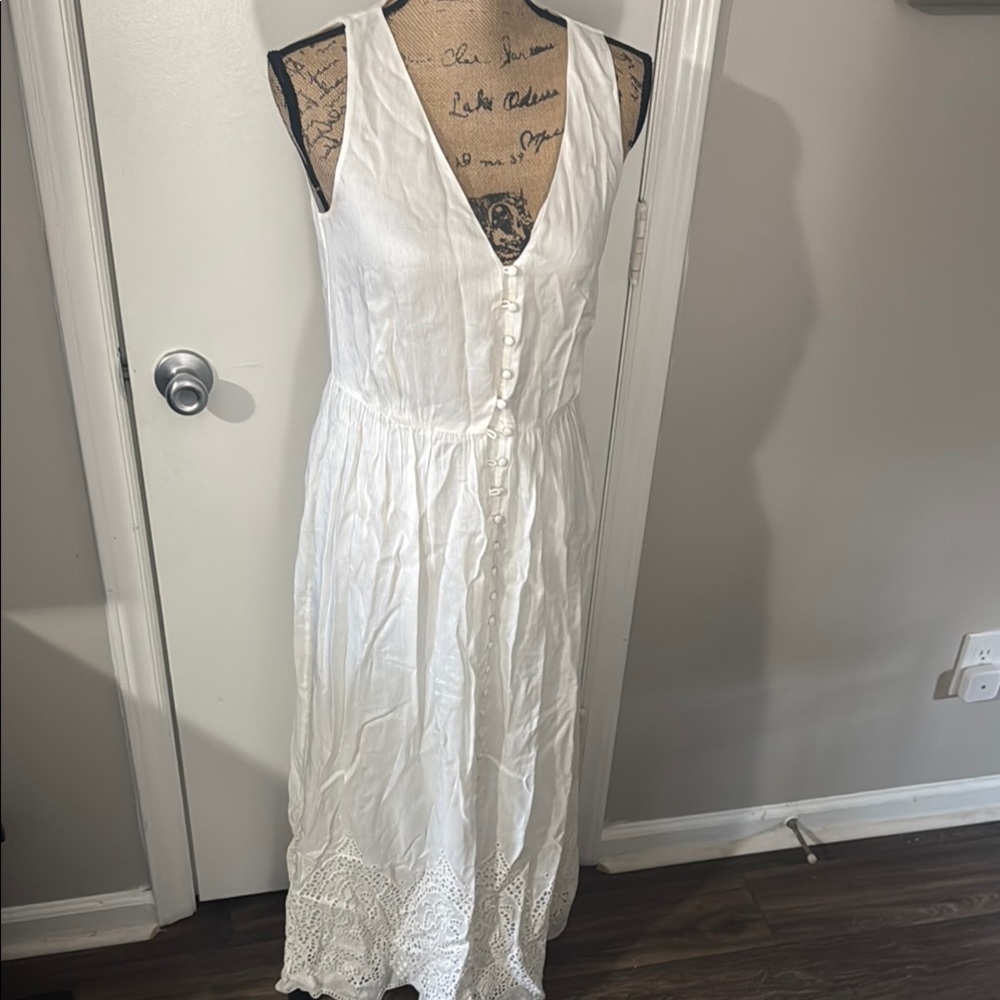 Massimo Dutti White Button-Front Midi/Maxi Dress with Eyelet Hem
